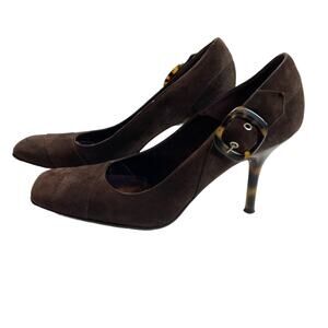 Via Spiga Vintage Italy Chocolate Brown Suede Tortoise Shell Buckle Pumps Sz 10